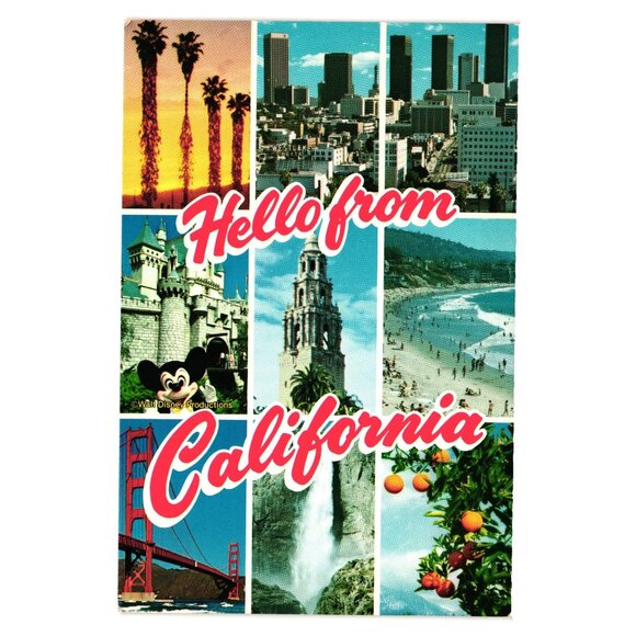 Vintage Hello From California Postcard Coastline Skyline Ocean Bridge Tourism - Picture 1 of 2